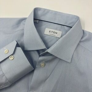 Eton Custom Made 17/35 Blue Micro Check Dress Shirt Mens Made in Europe